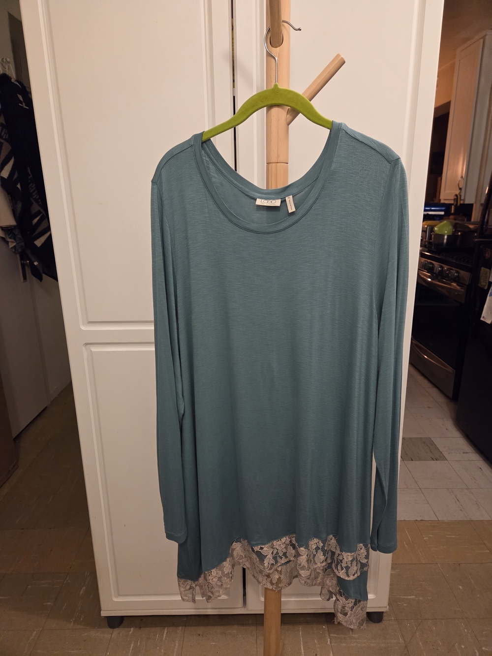 LOGO by Lori Goldstein Teal Long Sleeve Top with Lace Hem